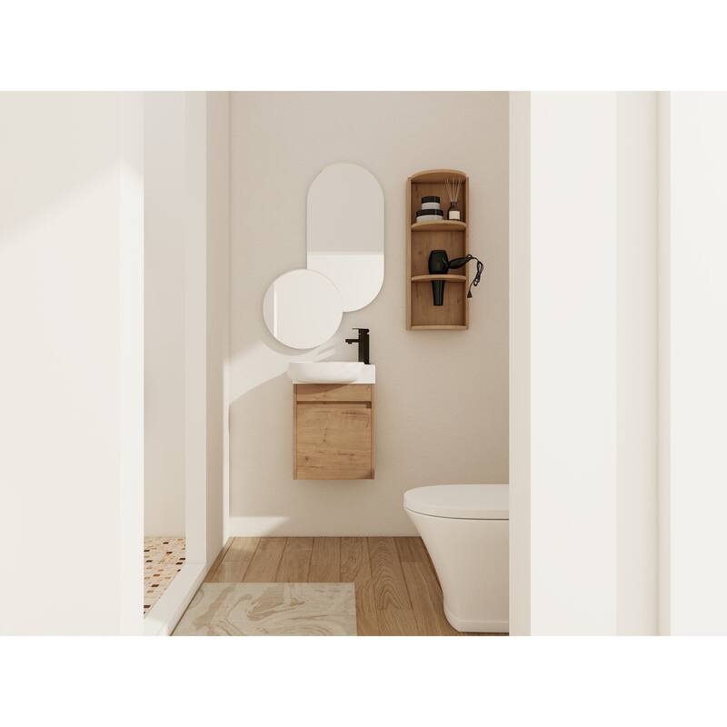 Compact Bathroom Vanity with Sink, Oval Single Ceramic Sink Bathroom Cabinet for Small Bathroom - Imitative Oak + Storage Rack - 16.8 Inch