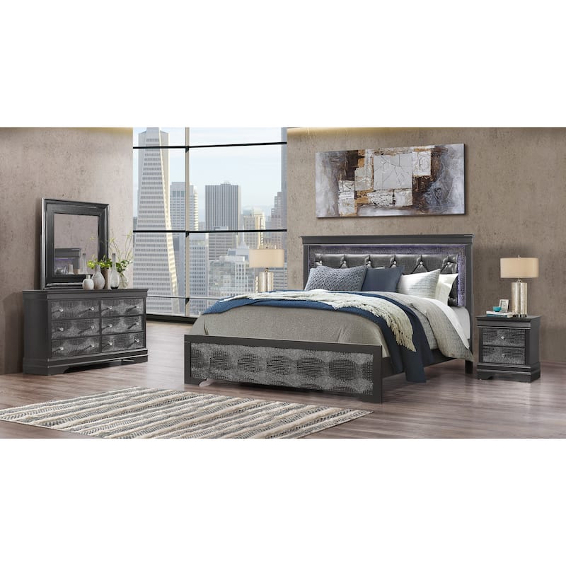 Contemporary Crocodile Texture Nightstand with Crystal Hardware - Metallic Grey
