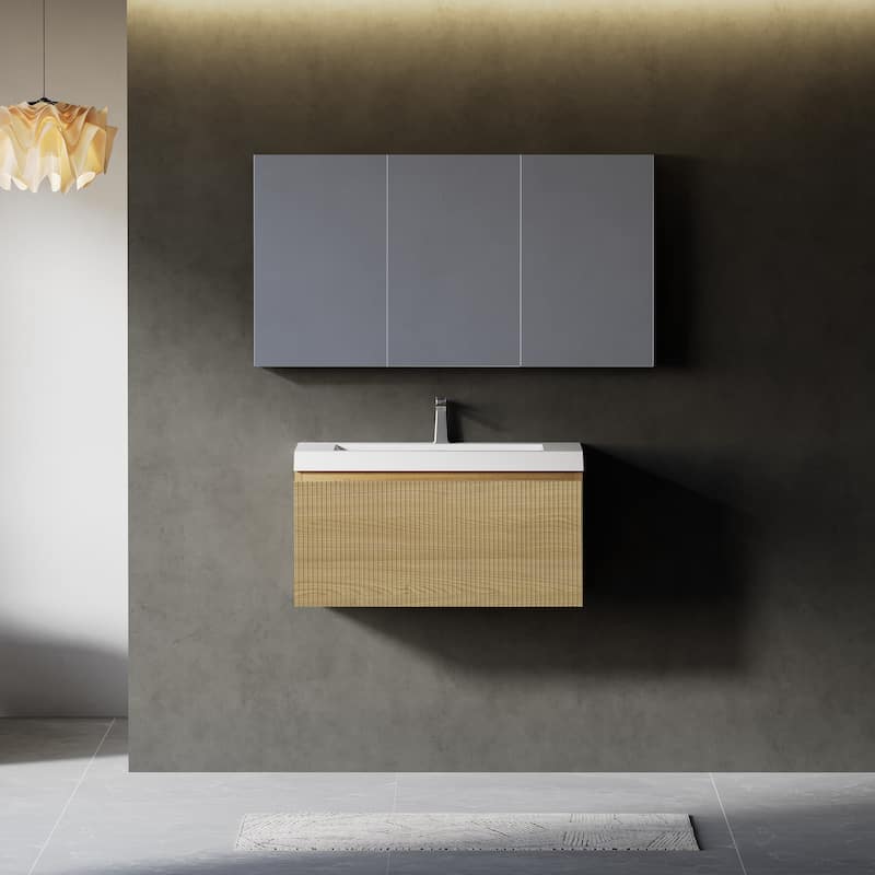 30'' Floating Bathroom Vanity with Sink Combo, Wall-Mounted Striped Bathroom Storage Cabinet with Drawer and Solid Surface Basin - White