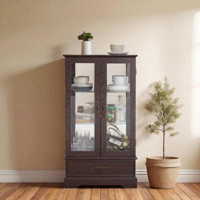 Lighted Glass Curio Cabinet with 2 Doors, Adjustable Shelves, Mirrored Back & Large Drawer, Retro Display Cabinet with Bulb - Cherry