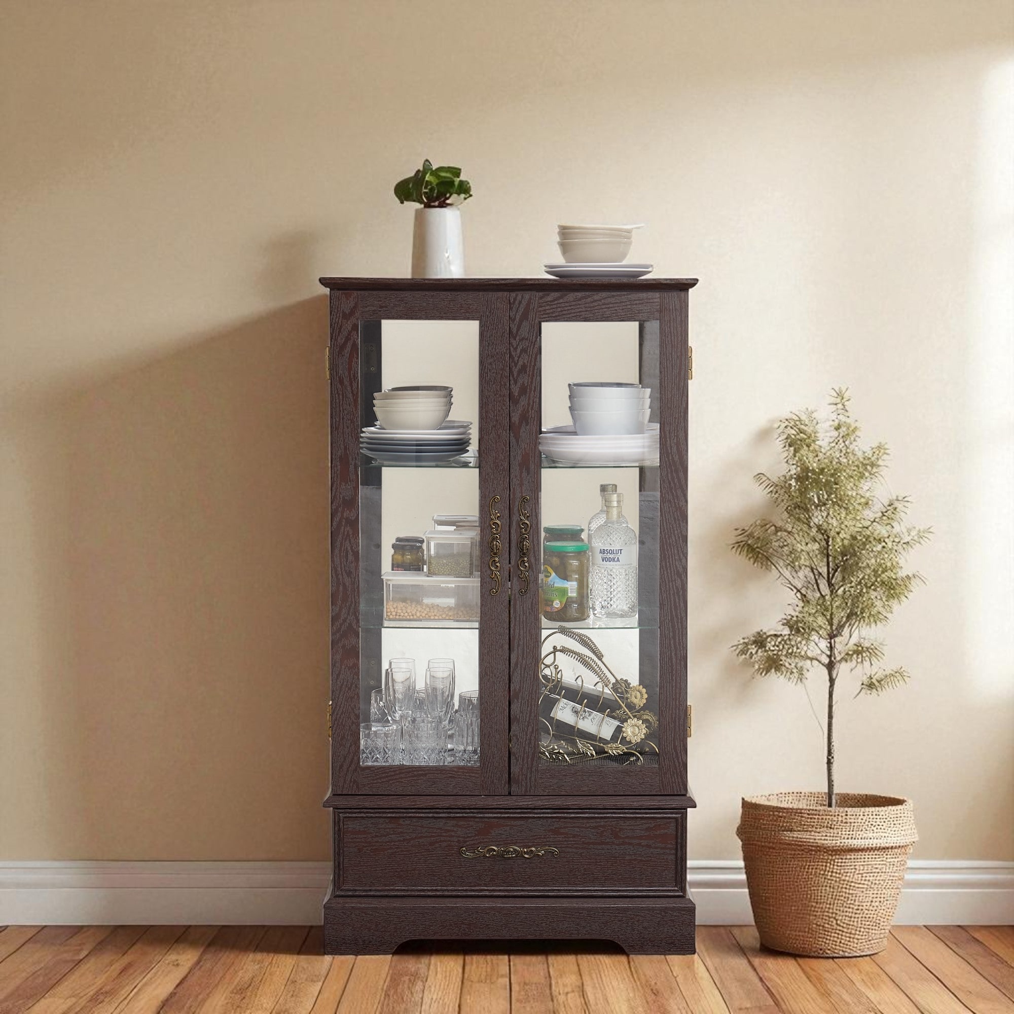 Lighted Glass Curio Cabinet with 2 Doors, Adjustable Shelves, Mirrored Back & Large Drawer, Retro Display Cabinet with Bulb