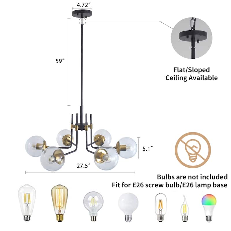 Mid-century Modern 6-Lights Glass Globe Sputnik Chandelier