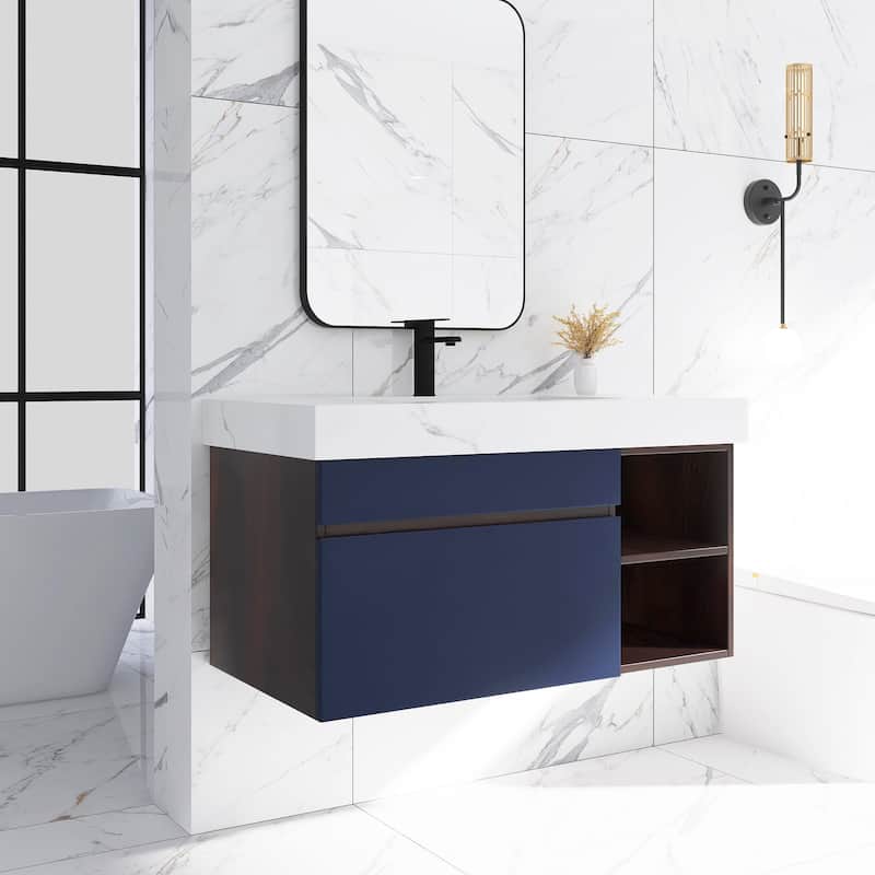42 inch Wall Mounted Bathroom Vanity with Faux Marble Top and Basin