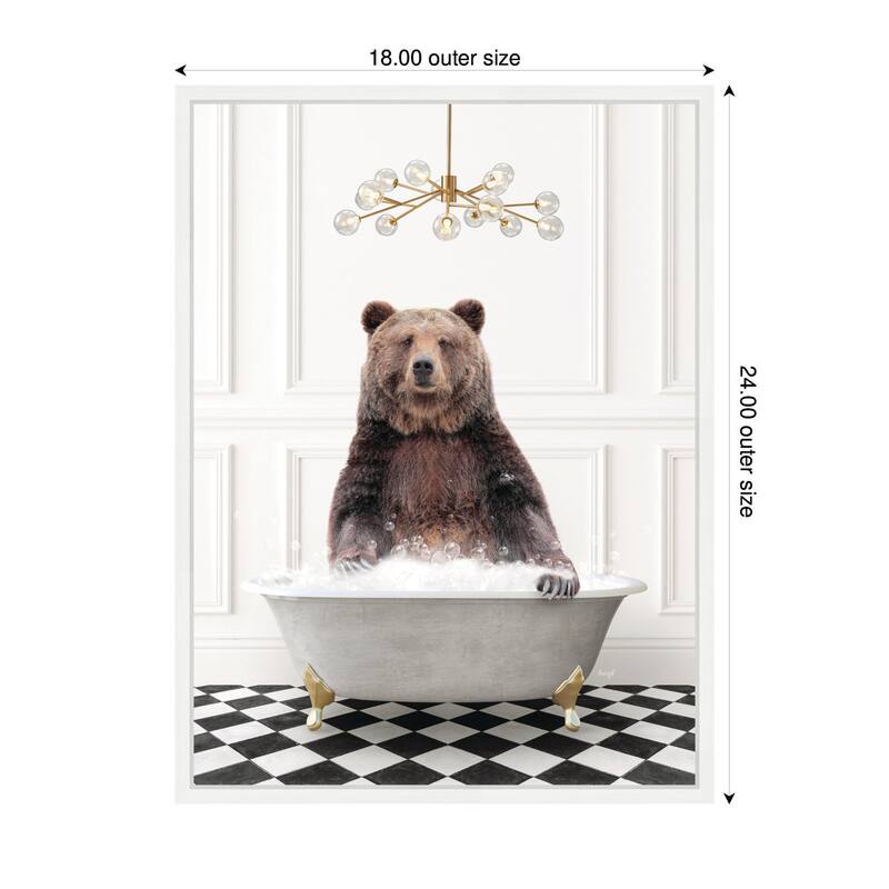 Kate and Laurel Sylvie Bear in Gray Bathtub on Checker Floor Framed Canvas by Amy Peterson