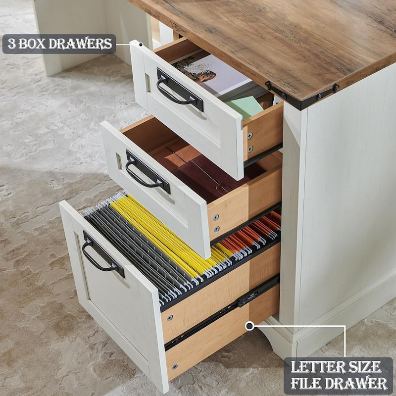 Farmhouse L Shaped Desk with Hutch, Wood Desk with Charging Station