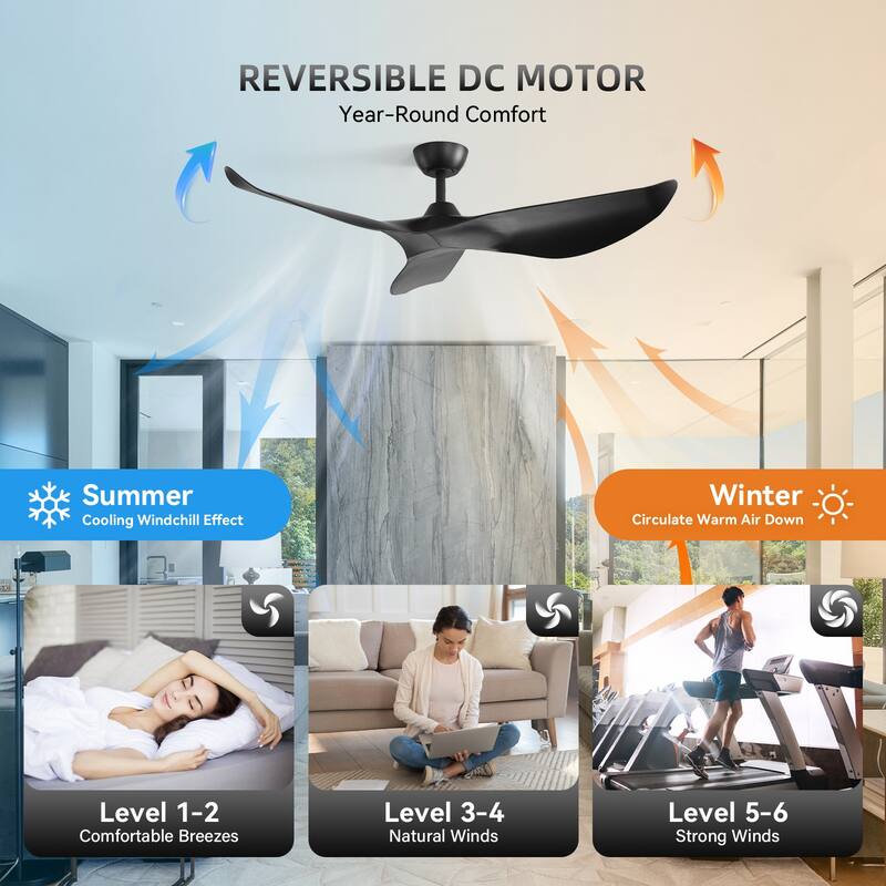 38'' Downrod Ceiling Fan No Light with Remote Reversible DC 6 Speeds Timer Fan