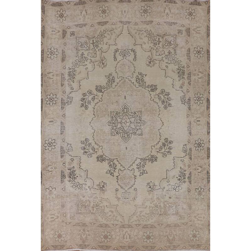 Geometric Distressed Tabriz Persian Vintage Rug Handmade Wool Carpet - 6'4"x 9'2"