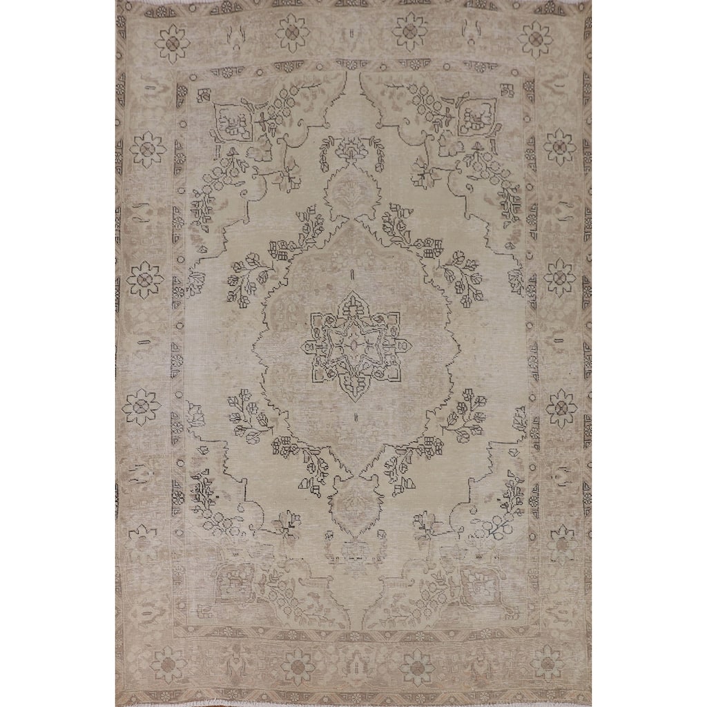Geometric Distressed Tabriz Persian Vintage Rug Handmade Wool Carpet - 6'4"x 9'2"