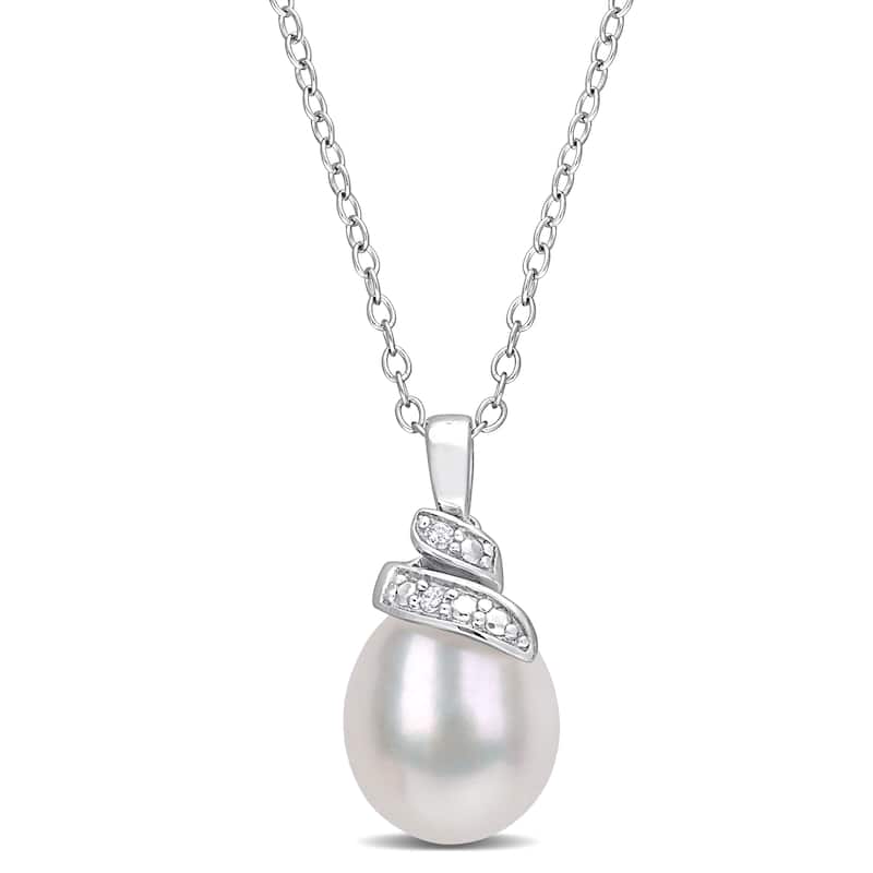 Miadora Sterling Silver Cultured Freshwater Pearl and Diamond Accent Swirl Necklace (6.5-7mm)