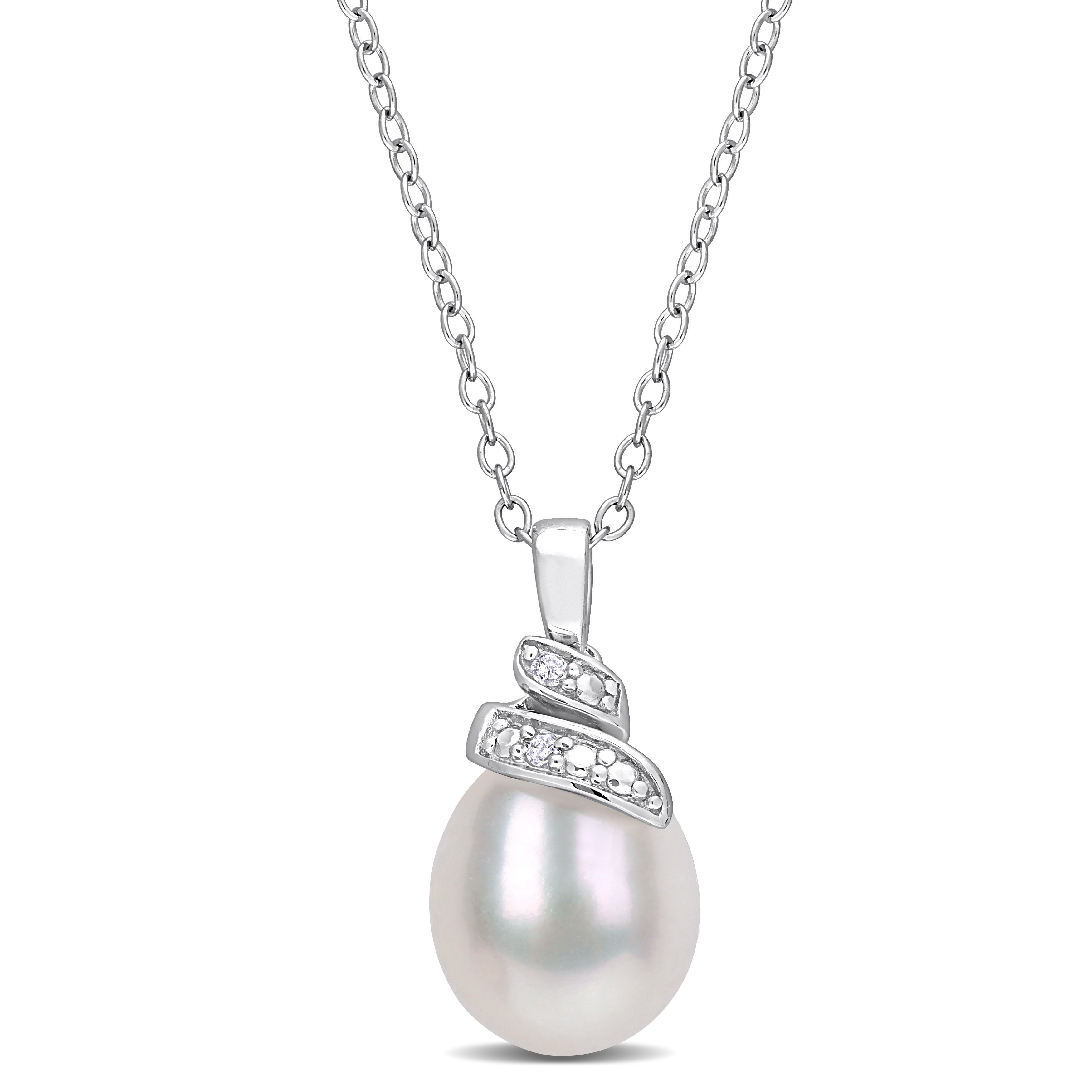 Miadora Sterling Silver Cultured Freshwater Pearl and Diamond Accent Swirl Necklace (6.5-7mm)