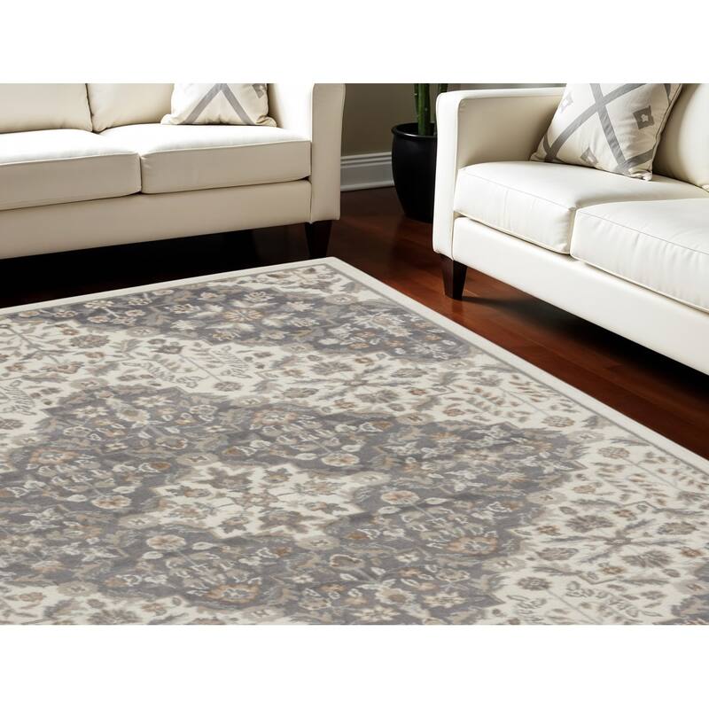 Power Loomed Floral Traditional Non Skid Low Pile Area Rug - 118' X '94' X '0.25 - 118' X '94' X '0.25 - Gray - Rectangle