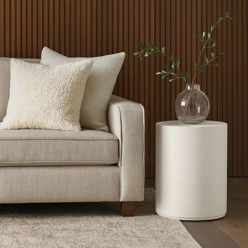 Viko Round Side End Table, White Wood Faux Concrete Finish, 20 Inch