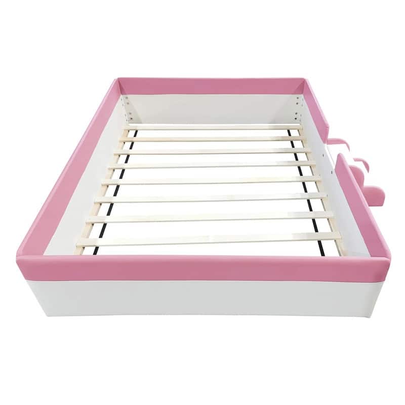 Upholstered Daybed with Fence and Stairs for Kids, Twin/Full/Queen/King Size Floor Montessori Bed with Slats Support