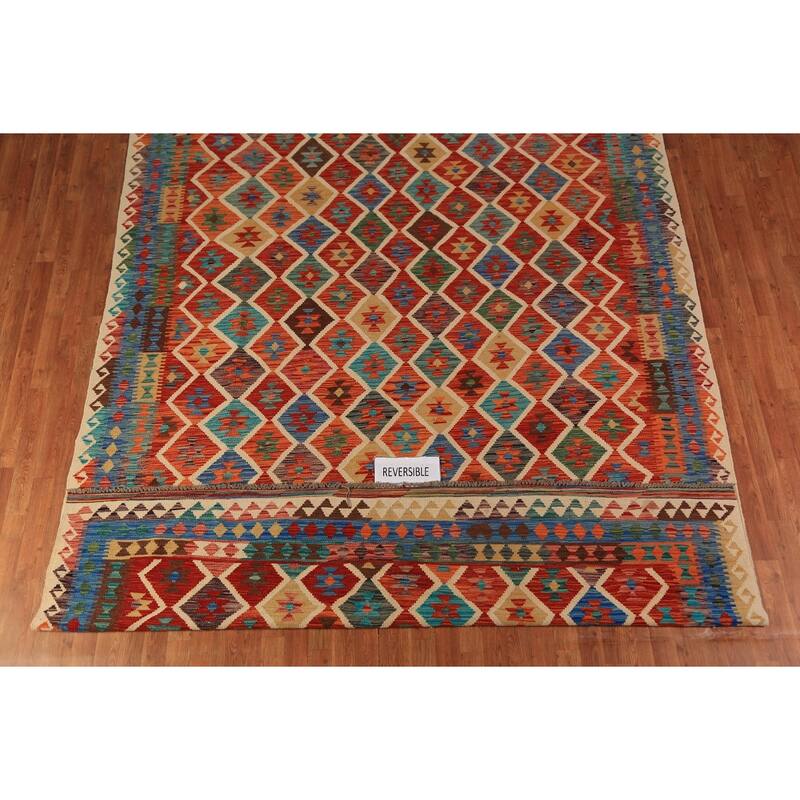 Trellis Kilim Oriental Area Rug Hand-Woven Orange Wool Carpet - 8'5"x 11'5"