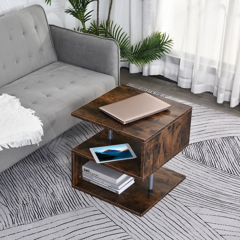 HOMCOM 20" Chic Designer S-Shaped Multi-Level Accent End Table Shelf with Steel Poles, White - Brown - MDF