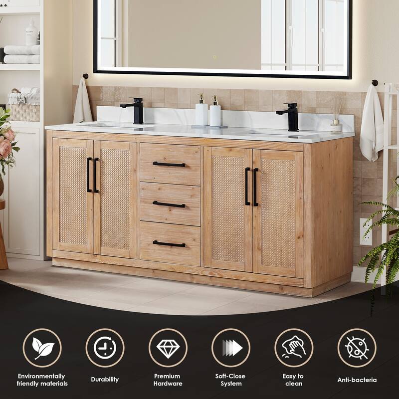 Floral Single Bathroom Vanity in Light Brown with Calacatta White Quartz Countertop without Mirror