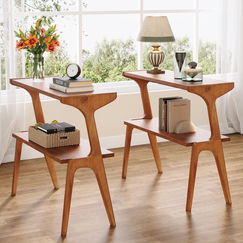 Narrow End Table for Living Room, 2-Tier Slim Sofa Side Table (Set of 2) - Brown