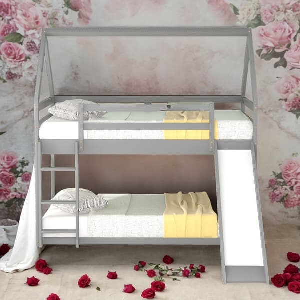 slide 2 of 27, Modern Twin Size Bunk House-Shaped Bed With Slide And Ladder For Kids Grey