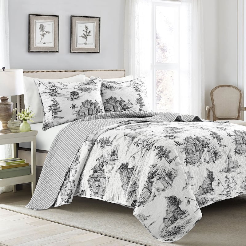 Lush Decor French Country Toile Cotton Reversible 3 Piece Quilt Set