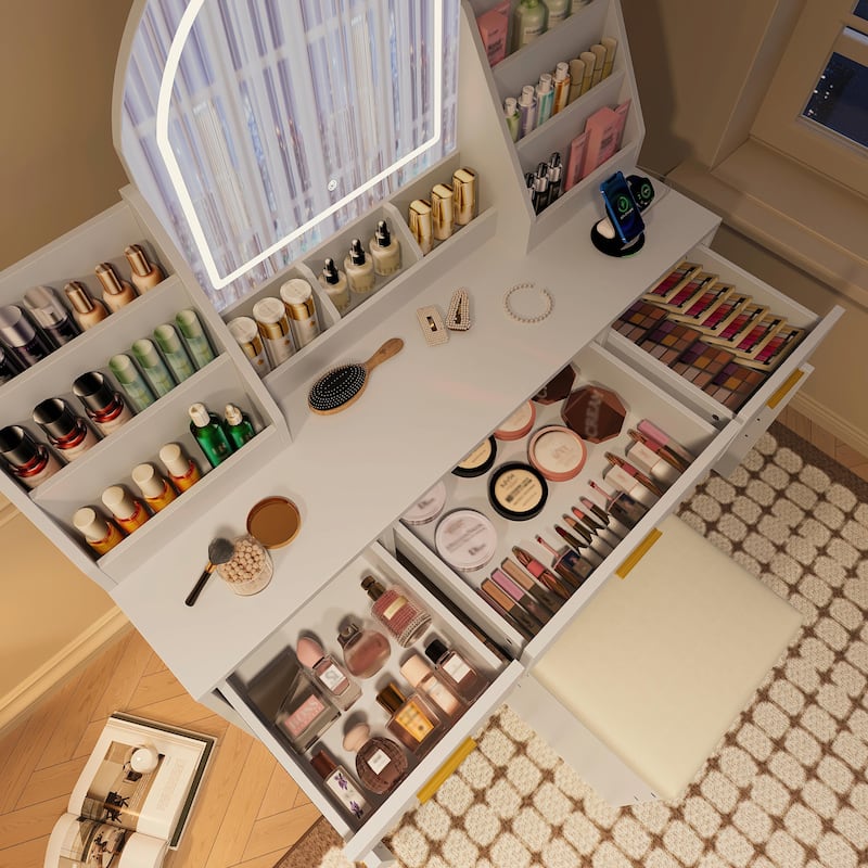 47.2" Makeup Vanity with Mirror & Light - Vanity Desk with Cushioned Storage Stool
