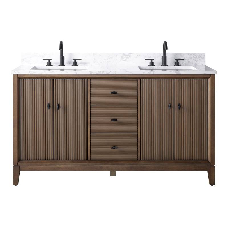 Vanity Art 60" Freestanding Bathroom Vanity with Engineered Marble Top and Sinks