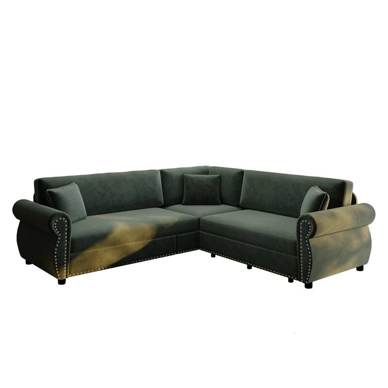 88.2" L-Shaped Sleeper Sectional Sofa with Pull-Out Bed - Chenille Convertible Couch, Nailhead Trim, for Living Room