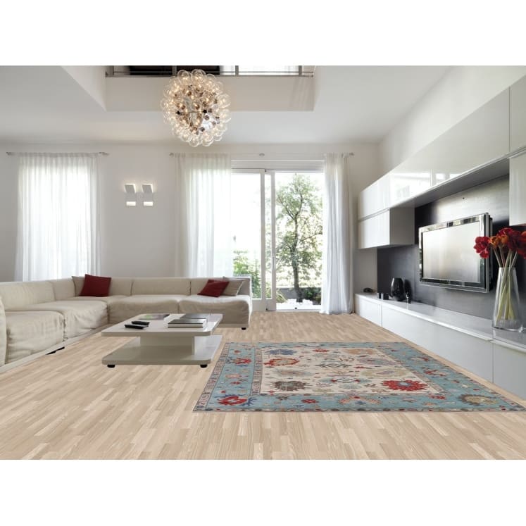 Beige / Ivory Floral Oushak Area Rug Hand-Knotted Wool Carpet - 9'1" x 11'9"