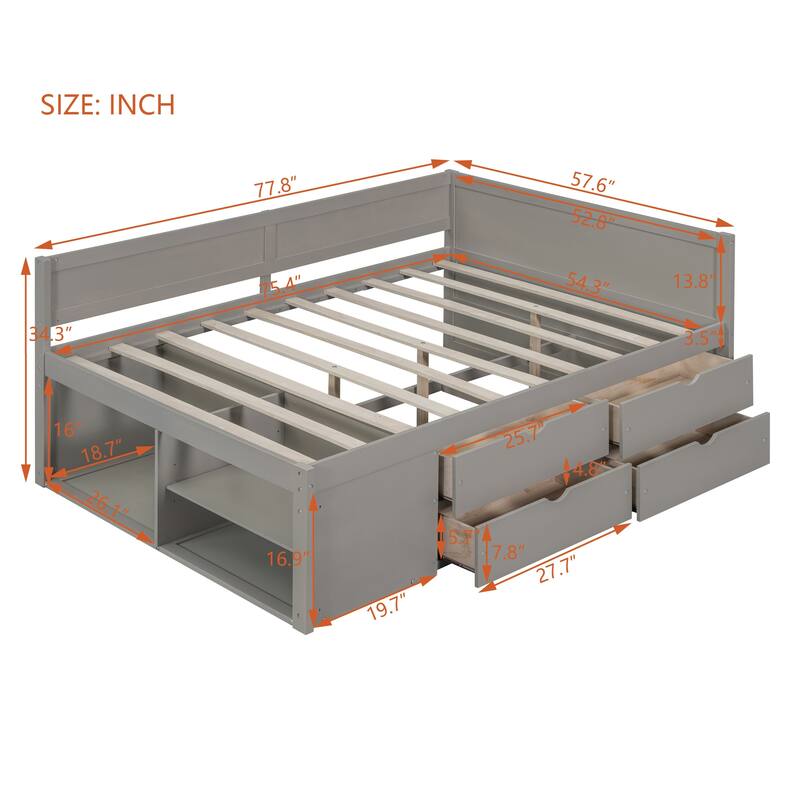 Full Size Daybed with Drawers and Shelves, Gray