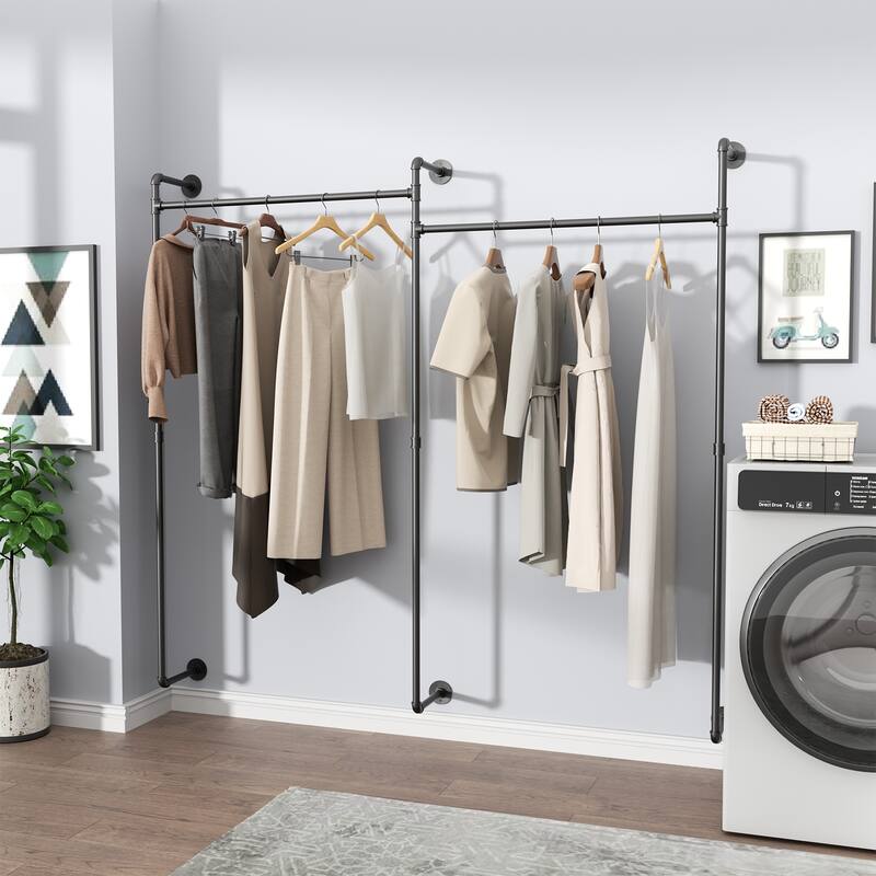 80.7'' Firm Pipe Clothes Rack Wall Mounted Clothes Hanging Rack Home - Black
