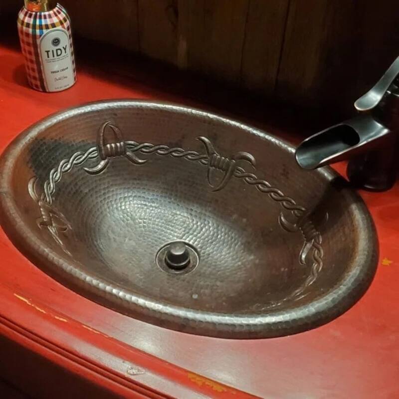 19" Oval Copper Bath Sink Barbed Wire Design with 7" Faucet & Drain - 19" x 14" x 5"