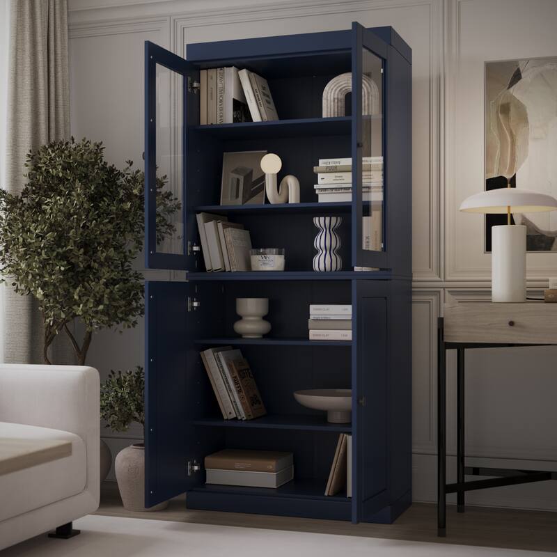 Palace Imports Solid Wood 6-Shelf Bookcase, Raised Panel Clear Glass Doors, Adjustable Shelves