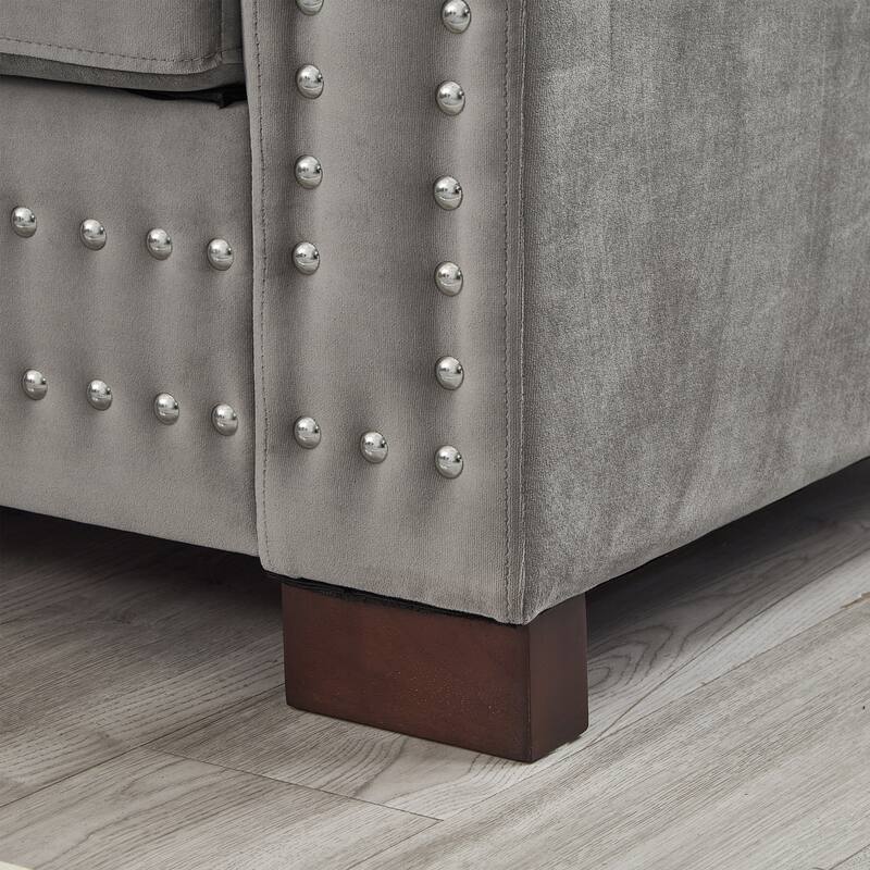 84.5" Velvet 3-Seater Sofa,Modern Square Arm Design with Silver Nailhead Trim and Under-Seat Storage