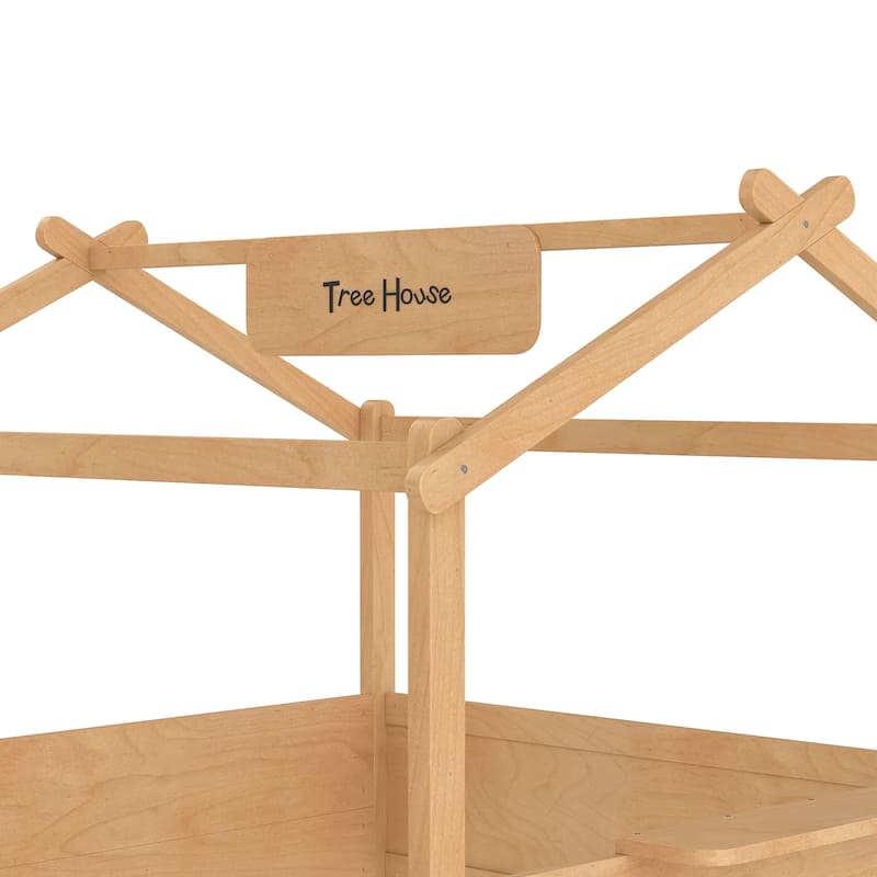 Kids House Floor Bed with Guardrails, Roof & Built-in Tray - Queen/Full/Twin Size, Childlike Design