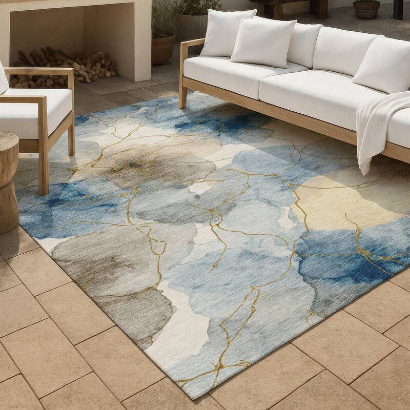 Machine Washable Indoor/ Outdoor Floral Mara Chantille Rug - Sky - 8' x 10'