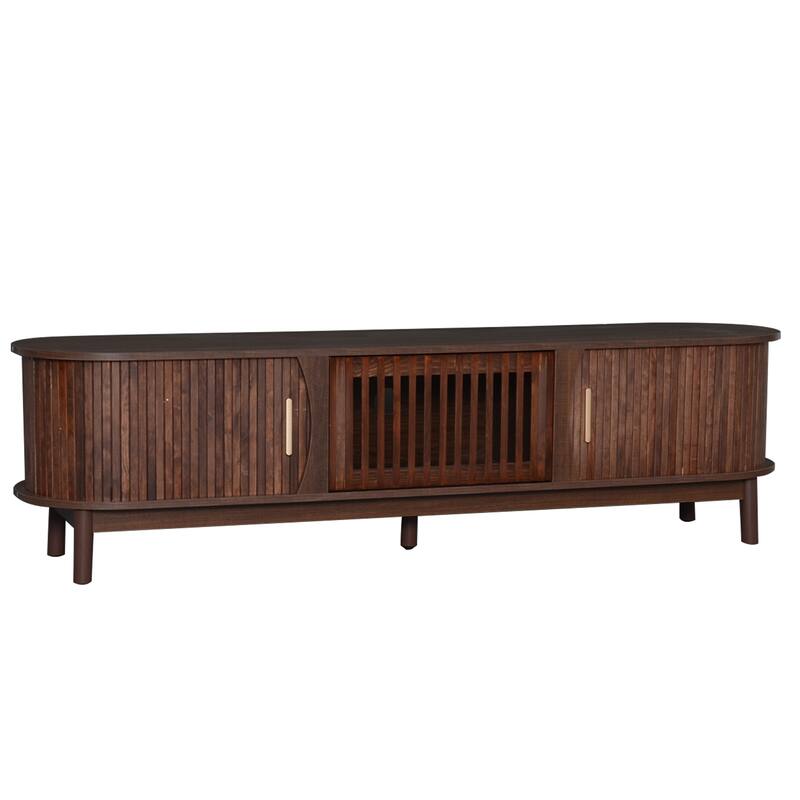 Farmhouse Curved TV Stand Entertainment Center for 75" TVs, Sliding Doors Television Cabinet Dark Brown TV Console Table