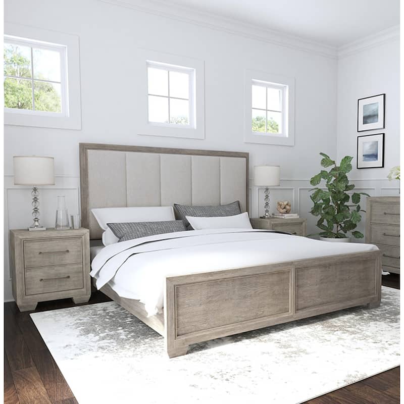 Roundhill Furniture Ennesley 3-Piece Gray Wood Bedroom Set, Upholstered Panel Bed and 2 Nightstands