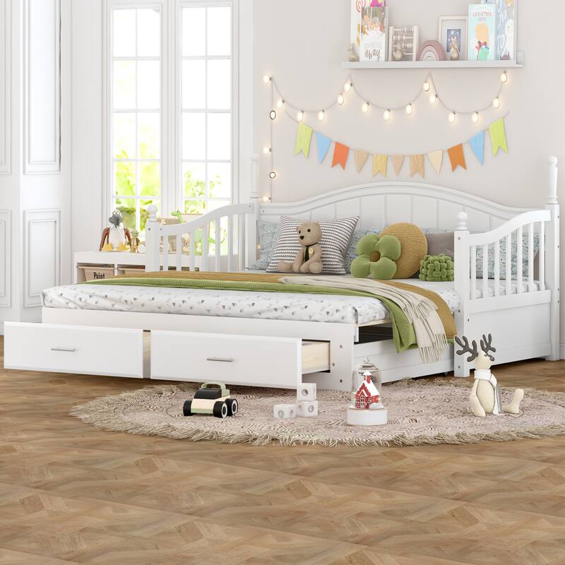 Wooden Twin Size Daybed with Twin Size Trundle and Two Storage Drawers