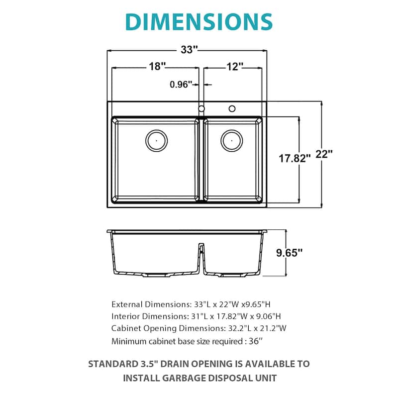 33 Inch Drop-in Double Bowl Quartz Kitchen Sink - 33'' x 22'' x 9.65''