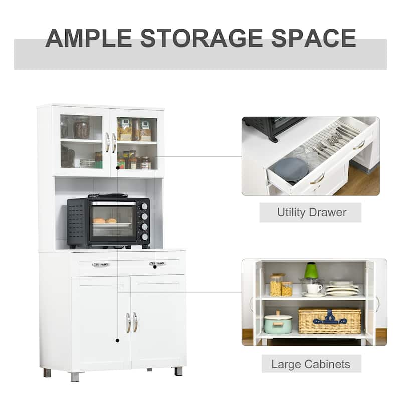 HOMCOM Modern Kitchen Pantry with Buffet Cabinet, Cupboard with Framed Glass Doors and Shelves, White