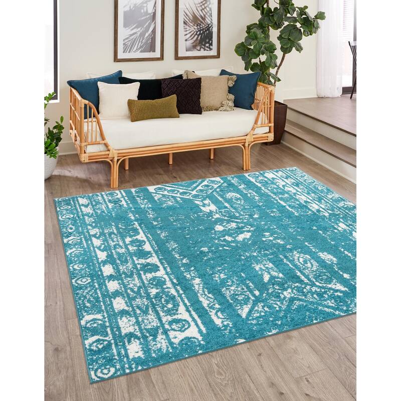 Contemporary Sling Collection Area Rug - 9'10" Square - Turquoise