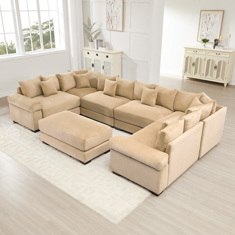 6-Seat Convertible Cloud Corduroy Modular Sofa with 1 Ottoman & Throw Pillows - Camel
