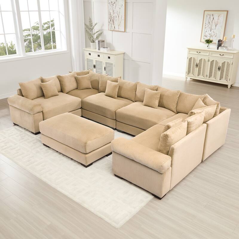 GDFStudio - Corduroy U-Shaped 6-Seater 137.7" Cloud Modular Sectional Couch with Ottoman - Camel