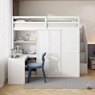 Full Size Bunk Bed with Wardrobe, Desk & Shelves, Multi-Functional Space Saver - White