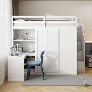 Full Size Kids Bed Bunk Bed with Wardrobe,Desk and Shelves
