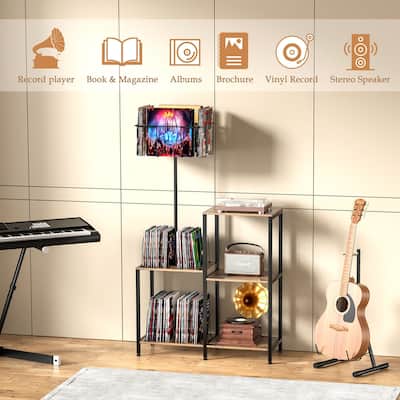 Anmytek Record Player Stand & Table - 6-Tier Rotating Vinyl Storage, Holds 300 Albums, Display Shelf for Bedroom & Living Room