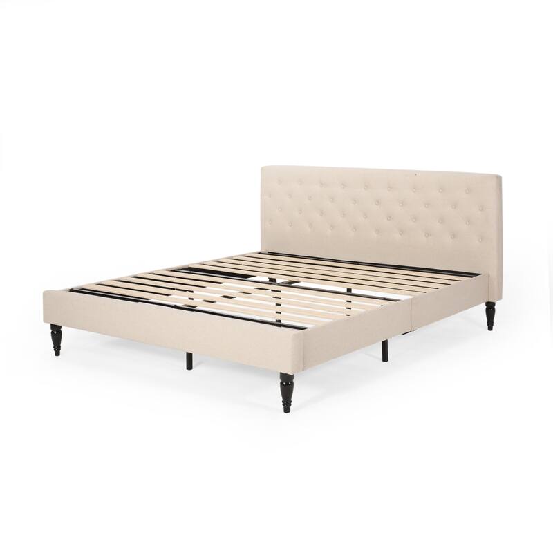Button Tufted Wingback Headboard, King Size Upholstered Platform Bed Low Profile Bed with Turned Legs and Center Support Legs