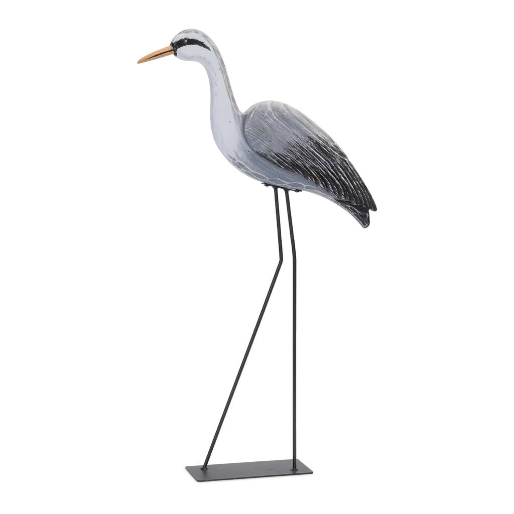 Tall Heron Bird Sculpture 29.5 Inch Wood and Iron Coastal Accent - 15.5” W x 2.75” D x 29.5” H