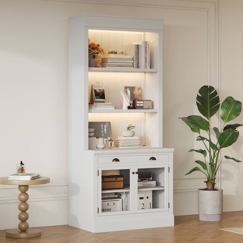 83.4" Tall Bookshelf with LED Lights, 2 Glass Doors & 1 Drawer for Living Room, Home Office