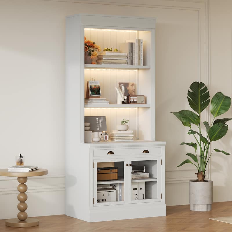 83.4" Tall Bookshelf with LED Lights, 2 Glass Doors & 1 Drawer for Living Room, Home Office