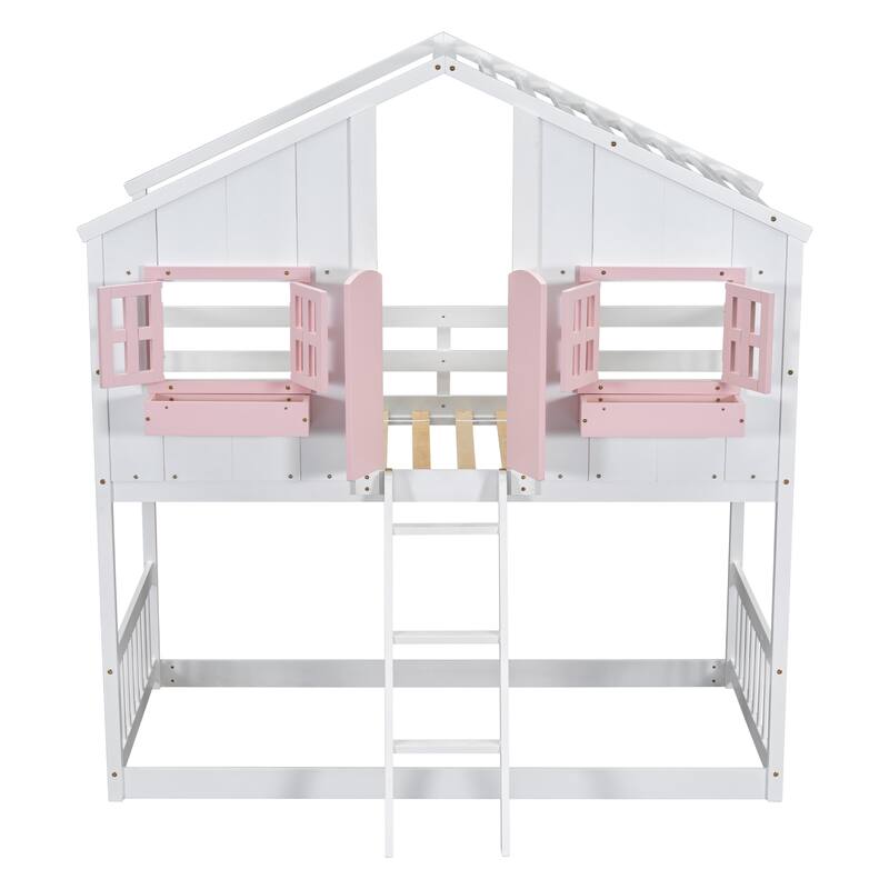 Roomfitters Twin Over Twin House Bunk Bed with Roof, Window Box, Door, Safety Guardrails and Ladder